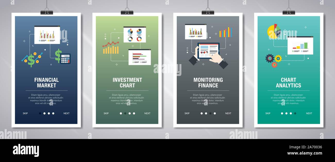 Banner Web concetto nel vettore con il mercato finanziario, gli investimenti grafico, il controllo delle finanze e chart analytics. Il sito internet di concetto di banner con ic Illustrazione Vettoriale