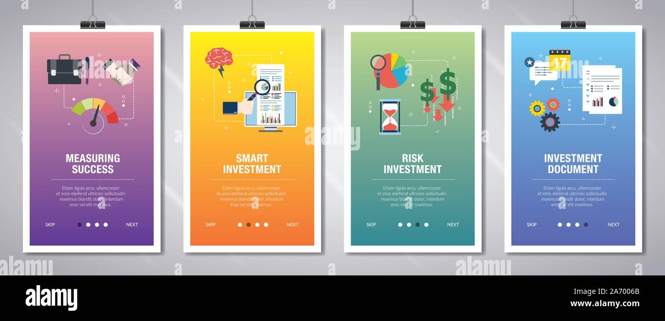 Banner Web concetto nel vettore con misurazione del successo, investimento intelligente, rischio e investimenti documento. Il sito internet di concetto di banner con Illustrazione Vettoriale