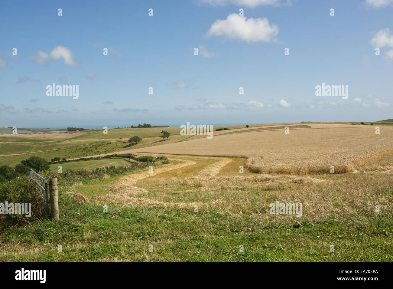 Il South Downs tra Shoreham e Steyning in West Sussex, in Inghilterra. Vista in Steyning ciotola e sul Canale Inglese a distanza Foto Stock