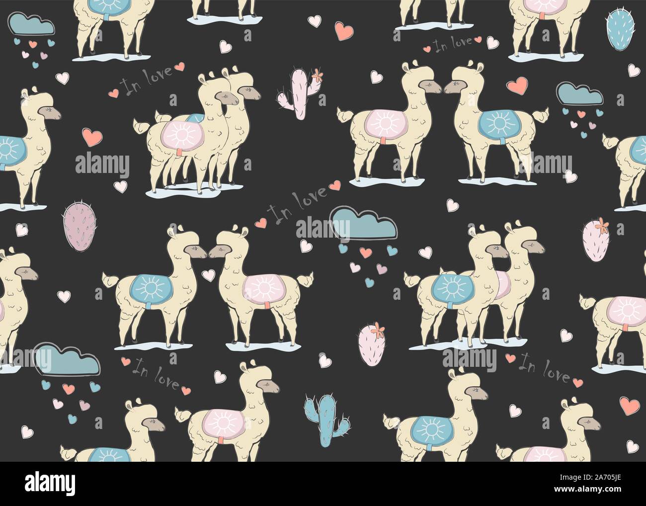 Bianco senza giunture llama pattern su sfondo scuro con nuvole con cuori e cactus. Il giorno di San Valentino. Disegnata a mano in stile scandinavo. Vector Illust Illustrazione Vettoriale