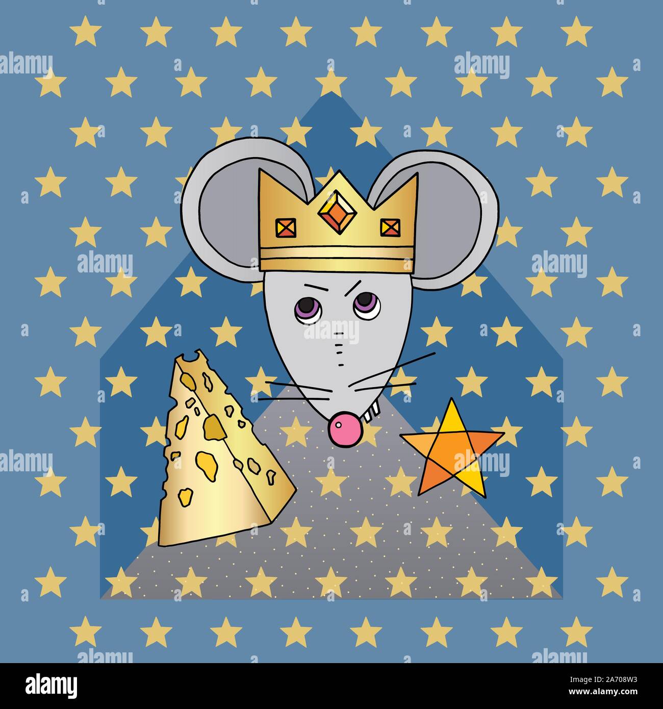 Carattere di ratto illustrazione vettoriale. Mouse cute animale con formaggio e stelle. Felice anno nuovo simbolo del 2020. Disegnata a mano cartoon re della corona. Merry Illustrazione Vettoriale