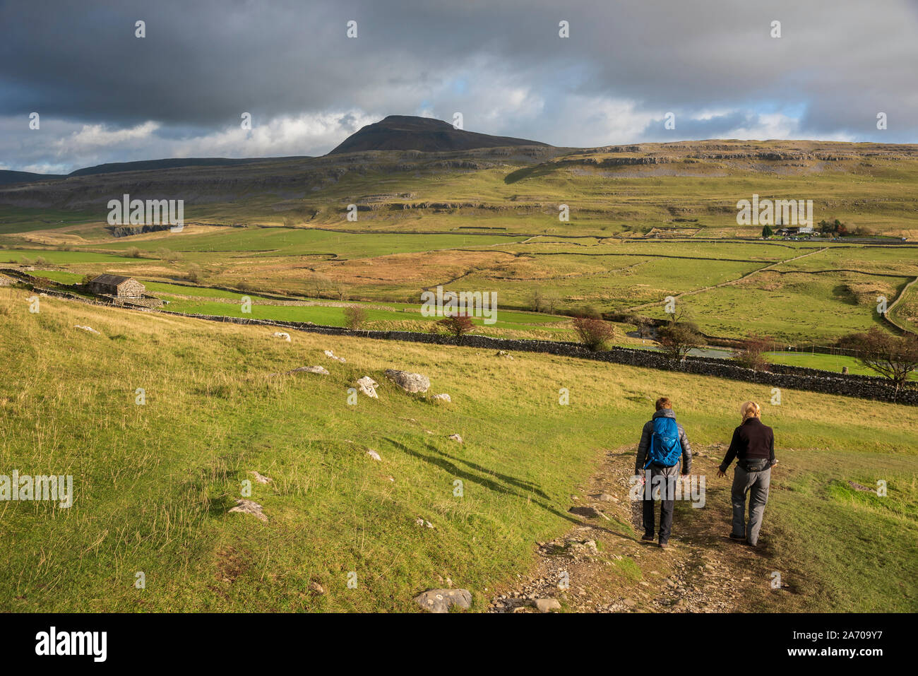 Walkers vicino la Pennine Ingleborough Hill nel North Yorkshire. Il Ingleton Glens sono un SSSI. Foto Stock