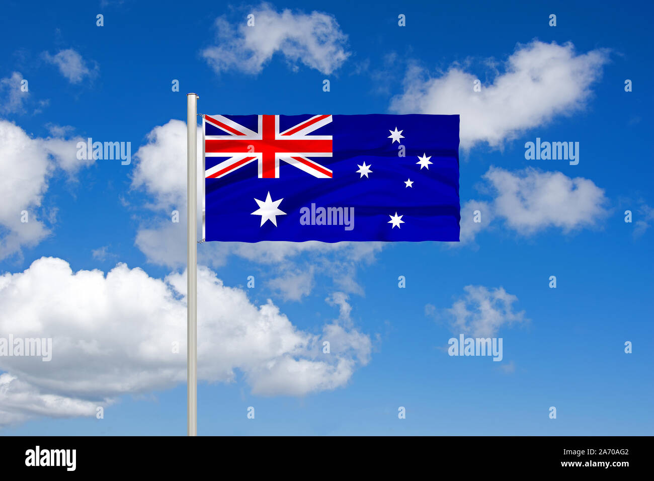 Südhalbkugel, Australien, Flagge, Nationalflagge, Fahne, Nationalfahne, Cumulus Wolken vor blauen Himmel, Foto Stock