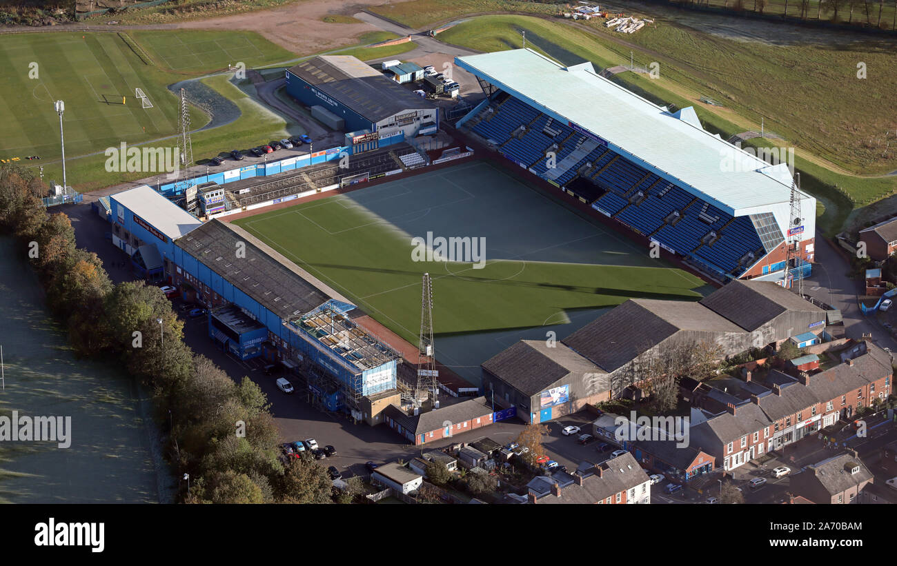 Vista aerea del Carlisle United FC Brunton Park Stadium football ground, Cumbria, Regno Unito Foto Stock