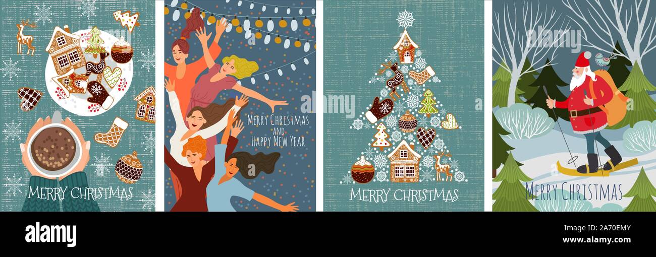 Bundle di vettore carte di natale con gingerbread cookies, ballare la gente e Babbo Natale lo sci nella foresta . Carino appartamento disegnare a mano Illustrazione Vettoriale
