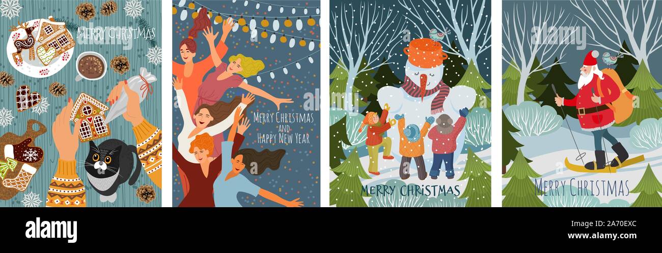 Set di vettore carte di natale con gingerbread cookie, ai bambini di un pupazzo di neve, ballare la gente e Babbo Natale lo sci nella foresta . Carino appartamento Illustrazione Vettoriale