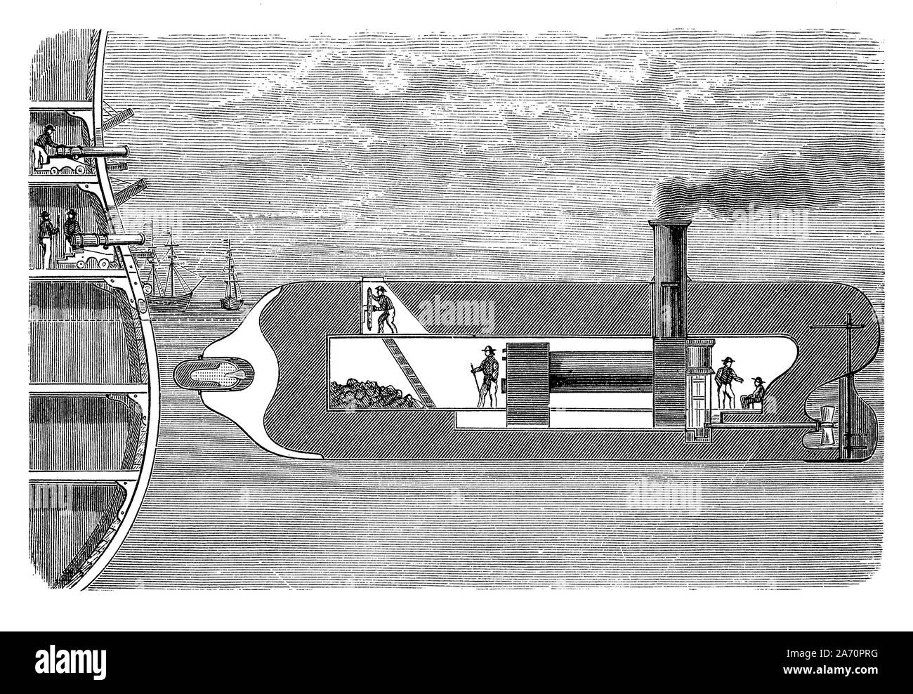 Sezione verticale dell'inglese Nasmyth Torpediniera, un bagno di vapore alimentato di RAM per la guerra navale con una testata esplosiva montato a prua della barca a siluro sotto la linea di acqua Foto Stock