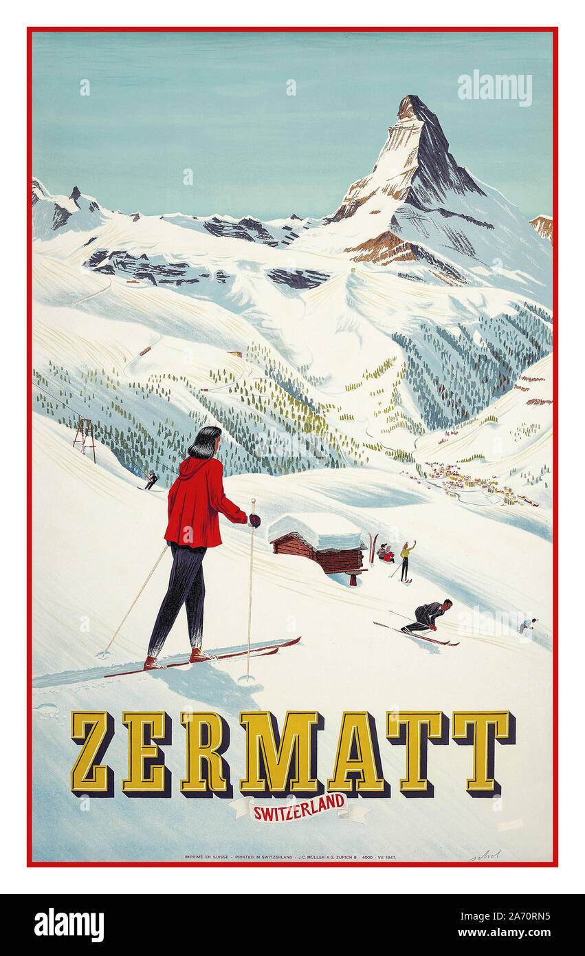 Poster di vintage Zermatt con il Cervino dietro la Svizzera degli anni '30 Foto Stock