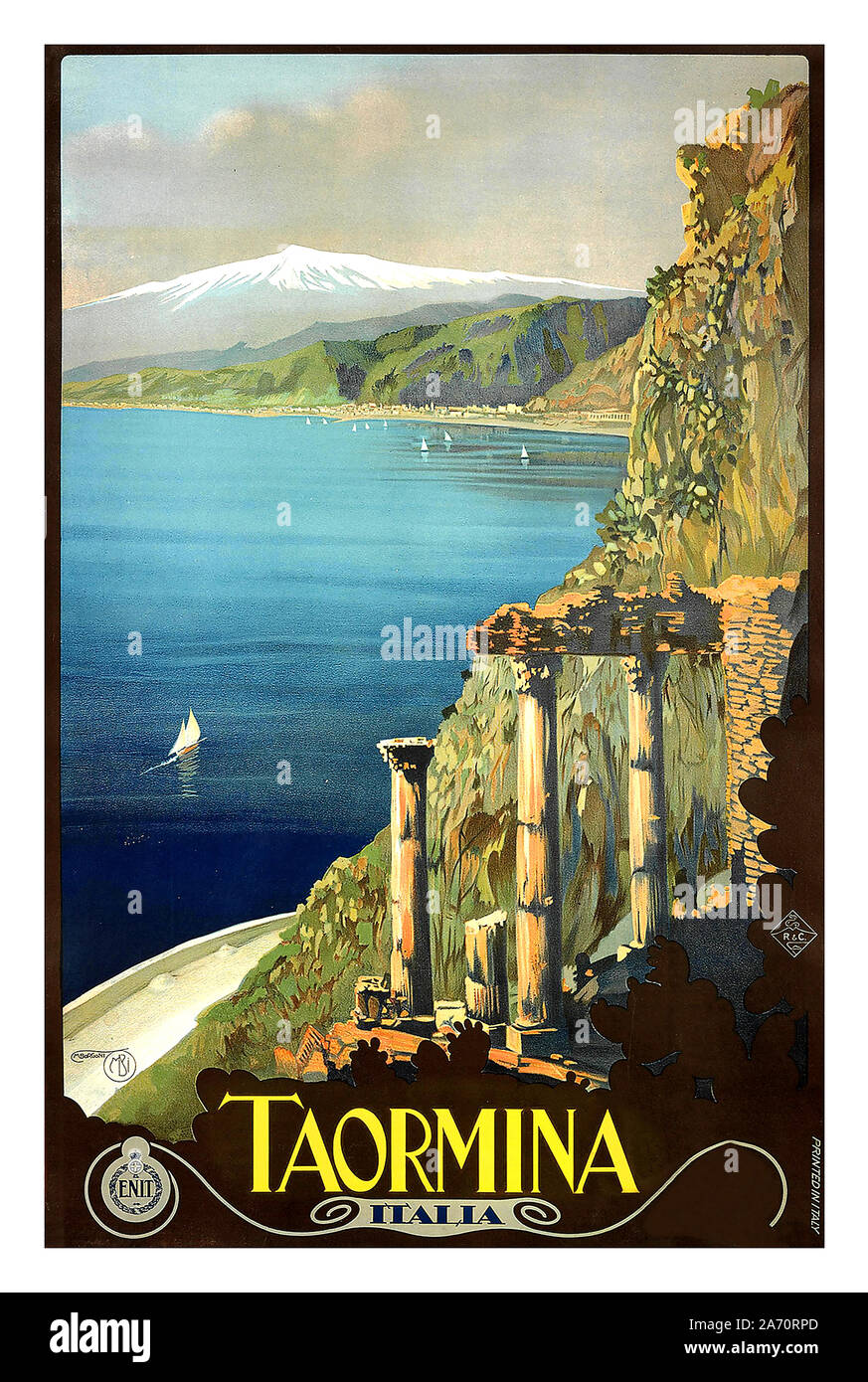 Sicilia Vintage 1900 Poster di viaggio taormina Italia Sicilia dall'artista Mario Borgoni Taormina Sicilia Foto Stock