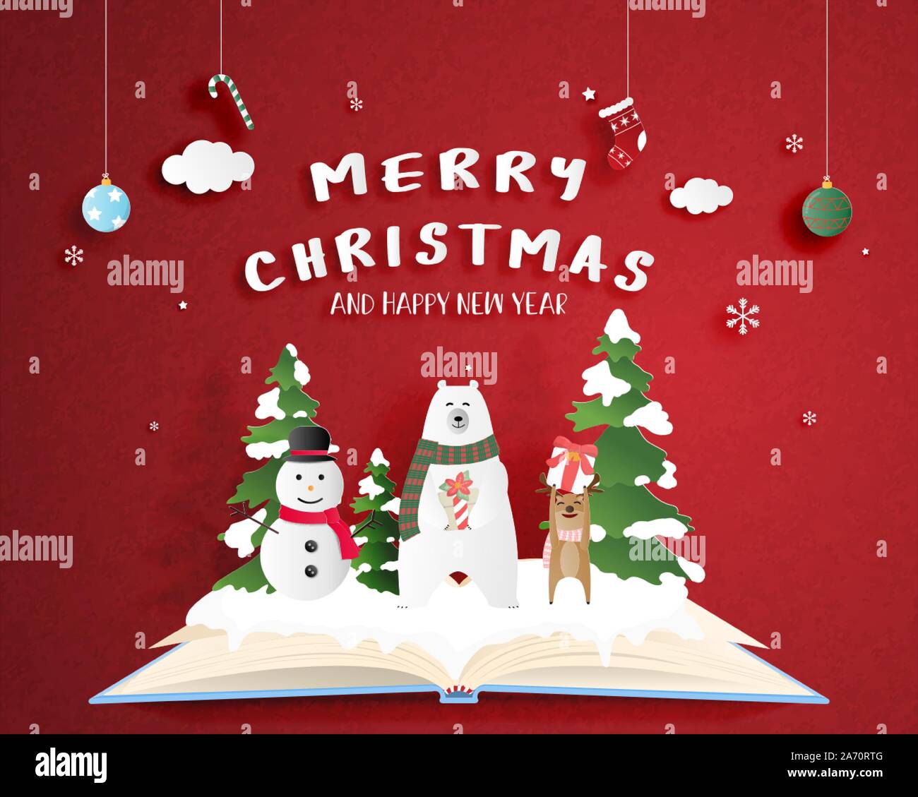 Celebrazione della Messa di Natale poster in carta tagliata stile. Digitale carta craft tecnica. Felice di orso polare e il cervo e il pupazzo di neve sul libro aperto con sfondo rosso e d Illustrazione Vettoriale
