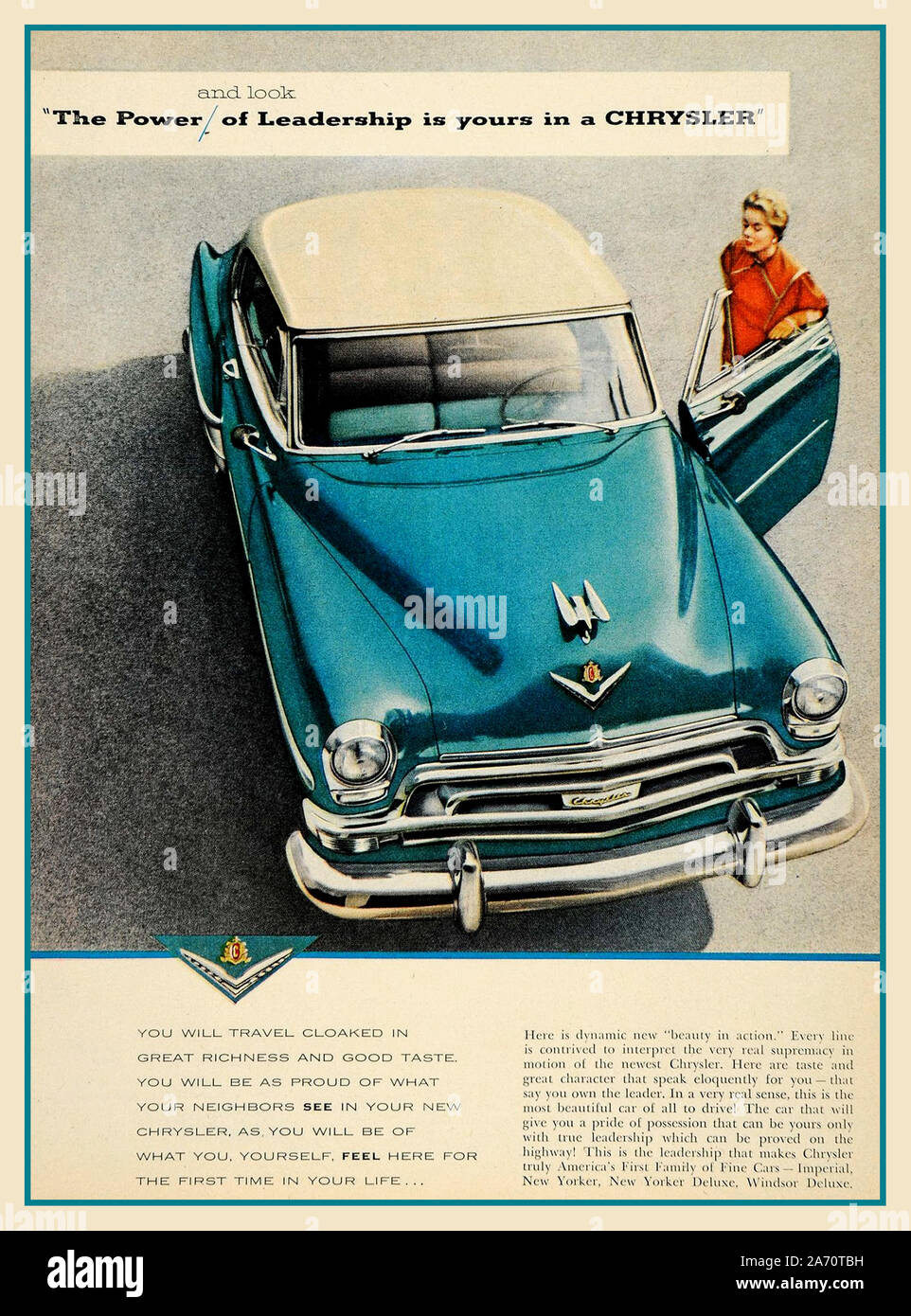L'annata 1953 American Chrysler Imperial automobile pubblicità usa "la potenza e il look della leadership è la vostra in una Chrysler" USA Vintage Chrysler Imperial Magazine annuncio a partire dagli anni cinquanta Foto Stock