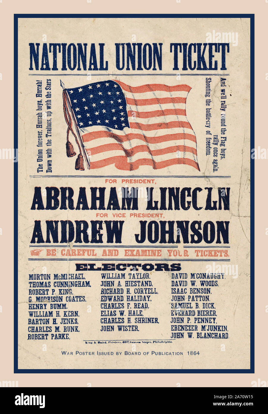L'annata 1864 La campagna elettorale americana Poster Unione Nazionale biglietto cartellone elettorale - 1864 USA Poster presidenziale di Abraham Lincoln e Andrew Johnson Partito Repubblicano poster di guerra rilasciato dal consiglio di amministrazione della pubblicazione nel 1864 STATI UNITI D'AMERICA Foto Stock