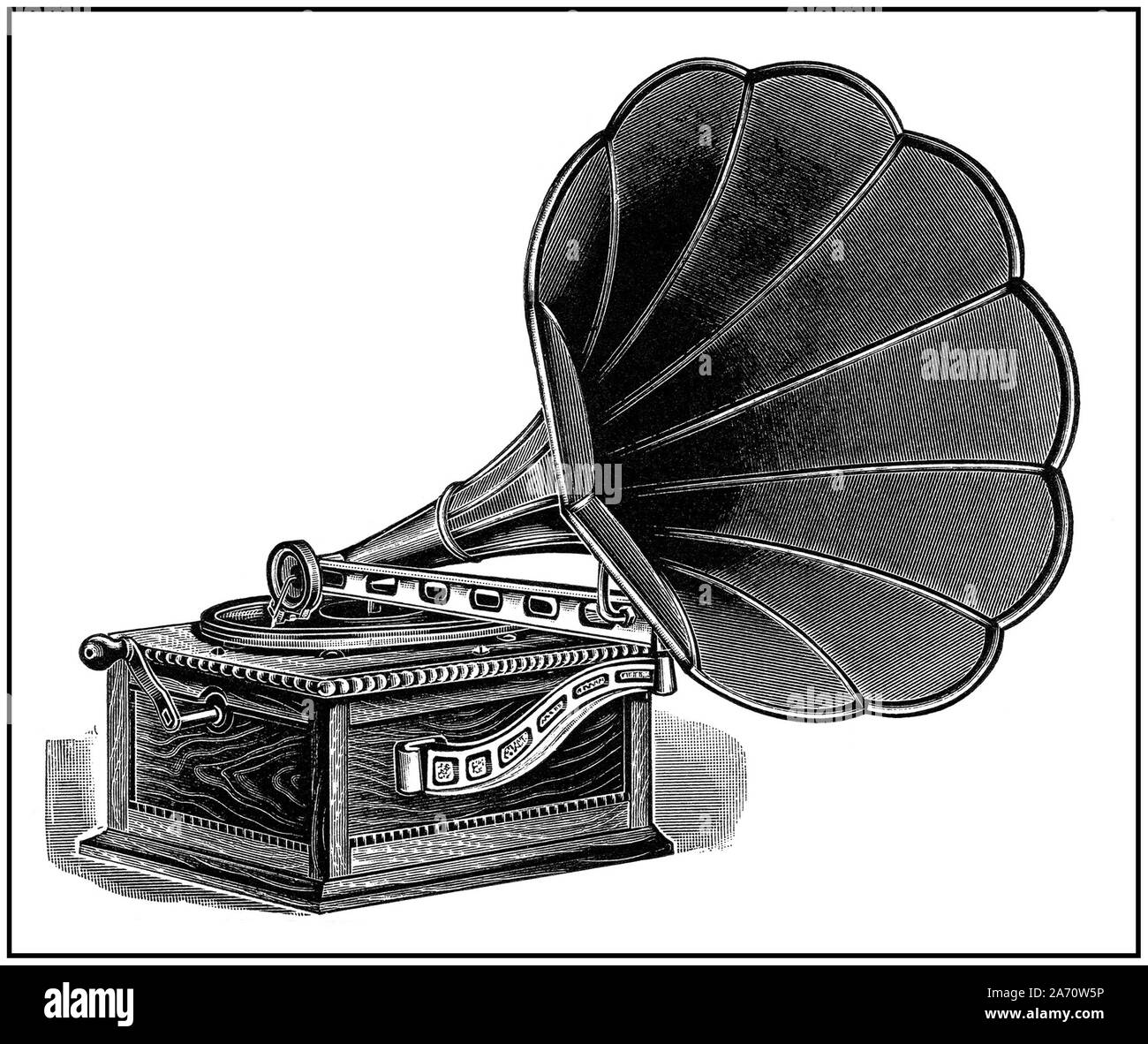 1900 Vintage americano record audio player dispositivo con una forma floreale il clacson e solida quercia di base. Essa potrebbe essere avvolto mentre la riproduzione e potrebbe giocare tre record su un singolo avvolgimento. Nel 1908, questa macchina al costo di $17.75. in America STATI UNITI D'AMERICA Foto Stock