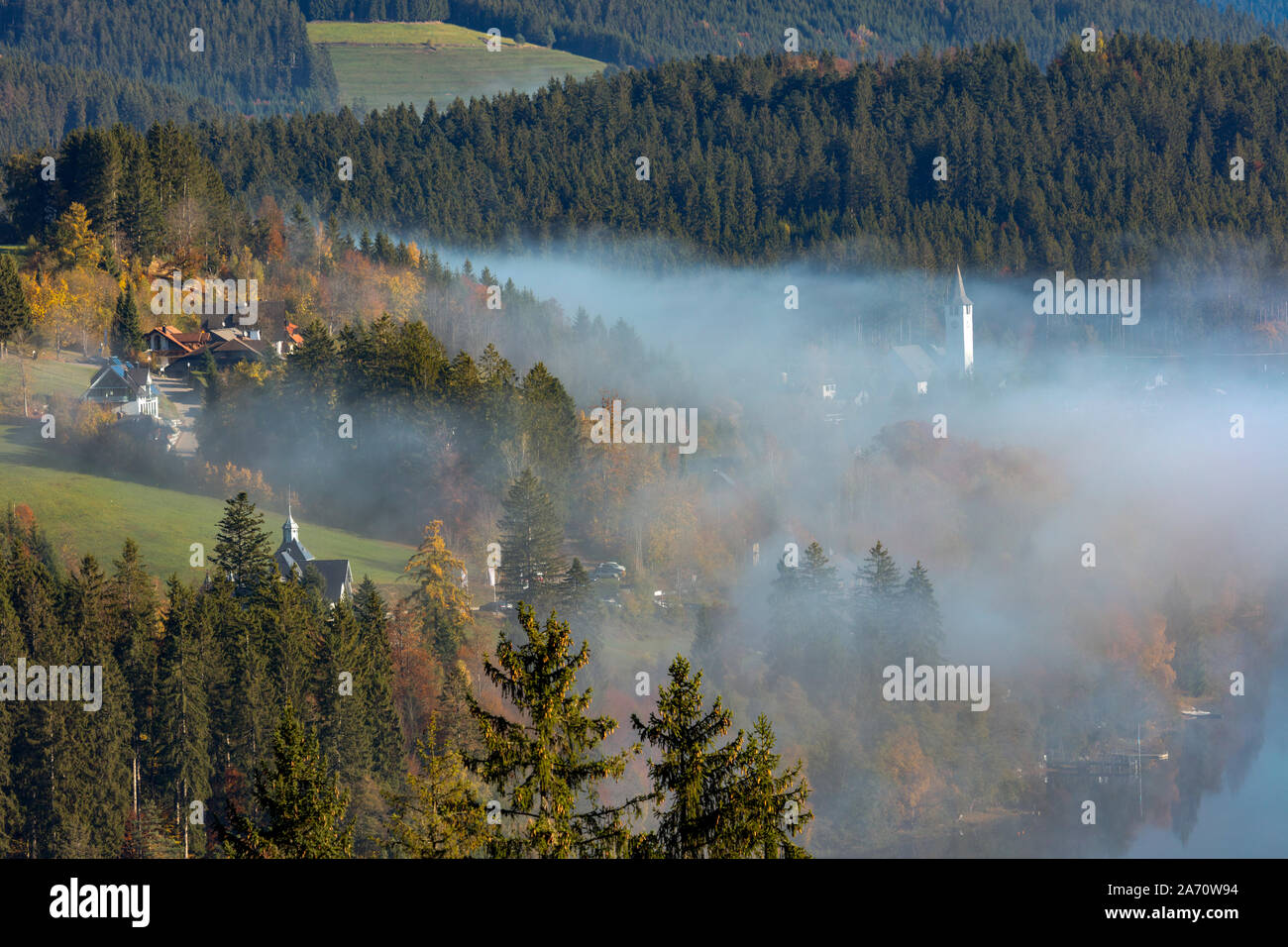 Vista theTitisee nella nebbia di mattina, con colline, Titisee-Neustadt, Foresta Nera, questo Land, Germania Foto Stock