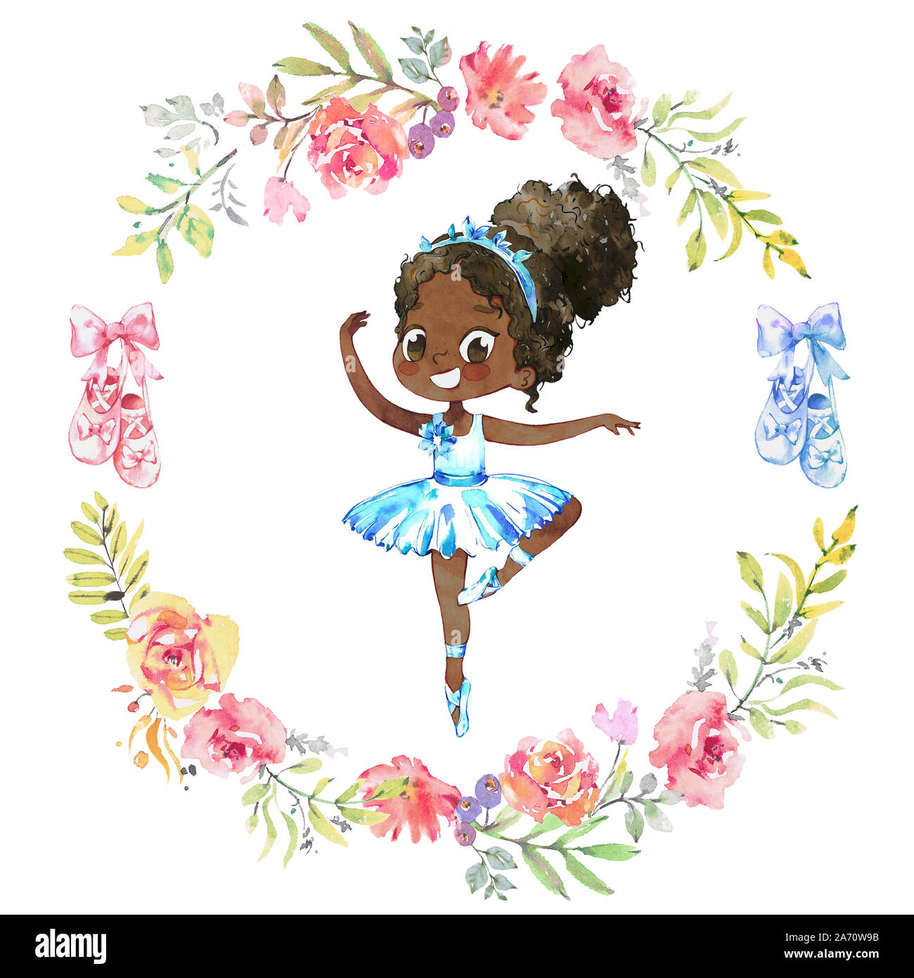 Acquerello African American Ballerina. Ballet Girl circondato da ghirlanda  floreale. Ballerina indossando Blue Tutu. Eleganti Bambina che pongono la  formazione Foto stock - Alamy