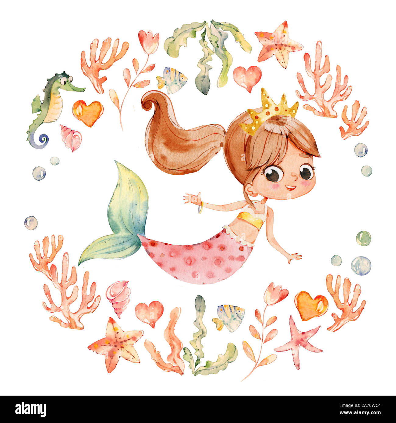 Mermaid acquerello circondato dalla cornice di mare elementi, Sea Horse, coralli, bolle, conchiglie, ancoraggio, alghe. Kit di oceano. Giovane donna subacquea Foto Stock