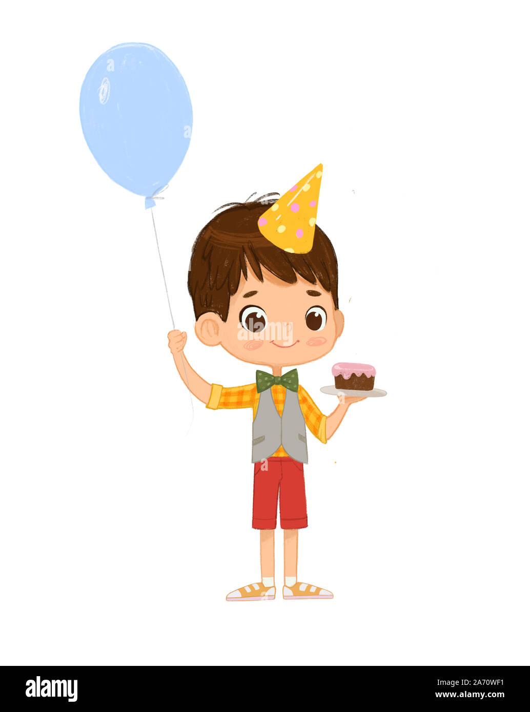 Illustrazione di una capigliatura scura ragazzo indossa compleanno Hat felicemente Jump, tenendo la torta di compleanno e il palloncino. Biglietto di auguri di compleanno invito carattere Foto Stock