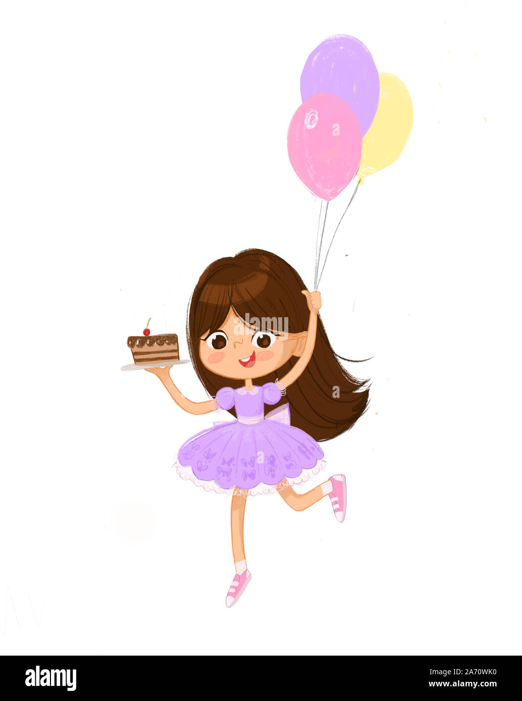 Illustrazione di una capigliatura scura ragazza indossando abiti di lavanda felicemente Jump, tenendo la torta di compleanno e palloncini. Biglietto di auguri di compleanno invito carattere Foto Stock
