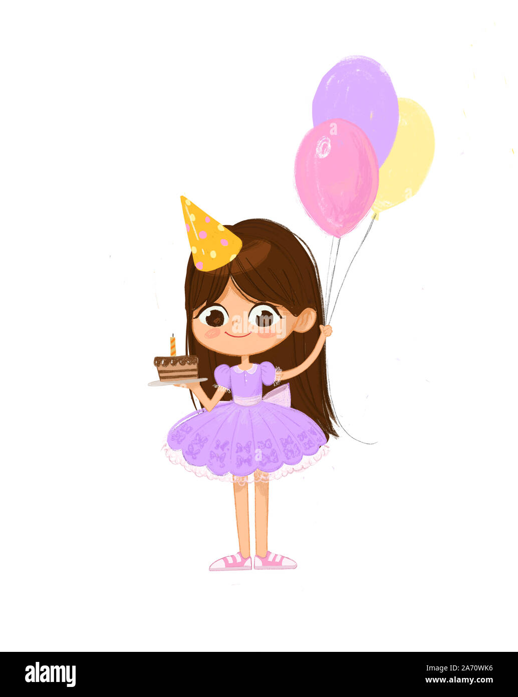 Illustrazione di una capigliatura scura ragazza indossando abiti di lavanda e Compleanno Hat felicemente Jump, tenendo la torta di compleanno e palloncini. Biglietto di auguri di compleanno invito Foto Stock
