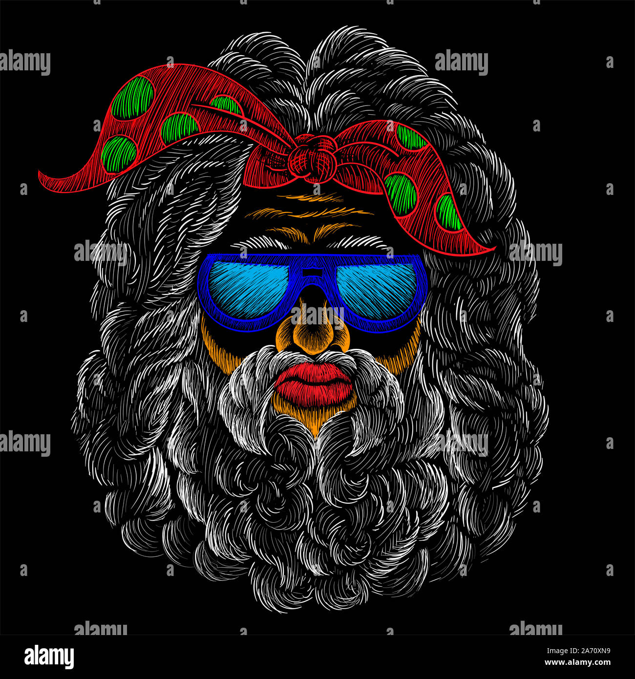 Il vettore Bad biker Babbo Natale con la barba per T-shirt design o abbigliamento esterno. Foto Stock