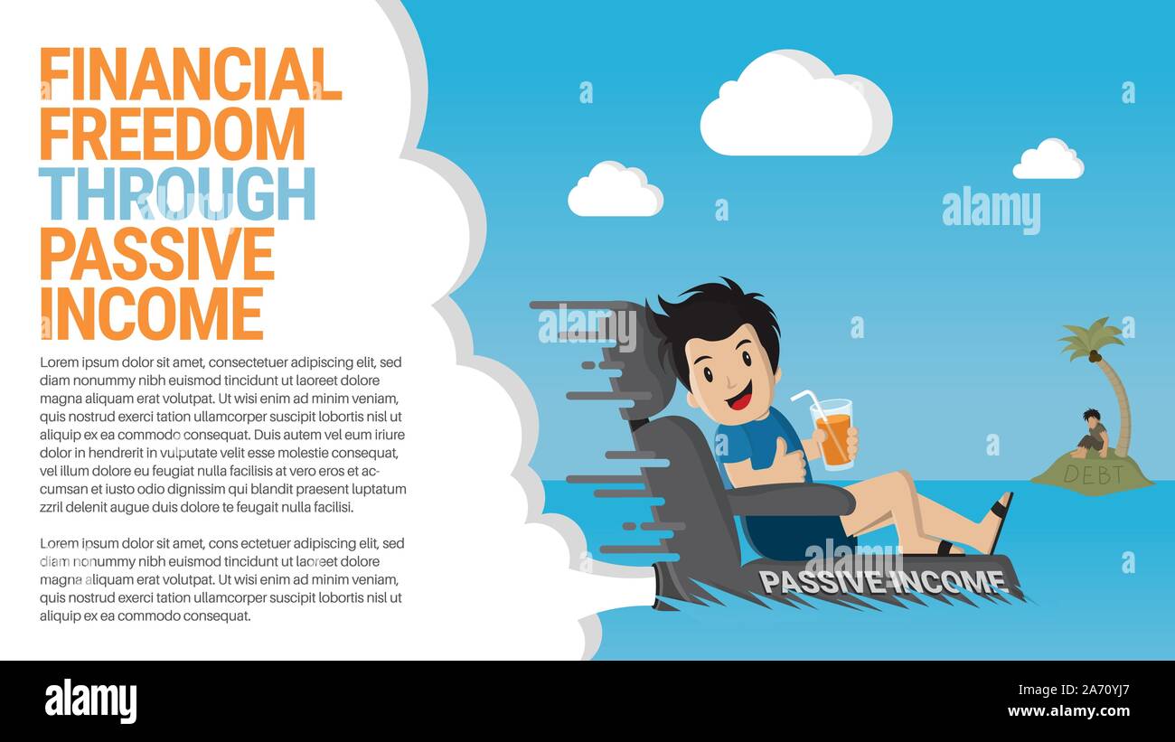 La libertà finanziaria attraverso il reddito passivo vettore piana cartoon di uomo felice su speedy sedia reclinabile e un altro uomo bloccati sulla isola di debito. Illustrazione Vettoriale