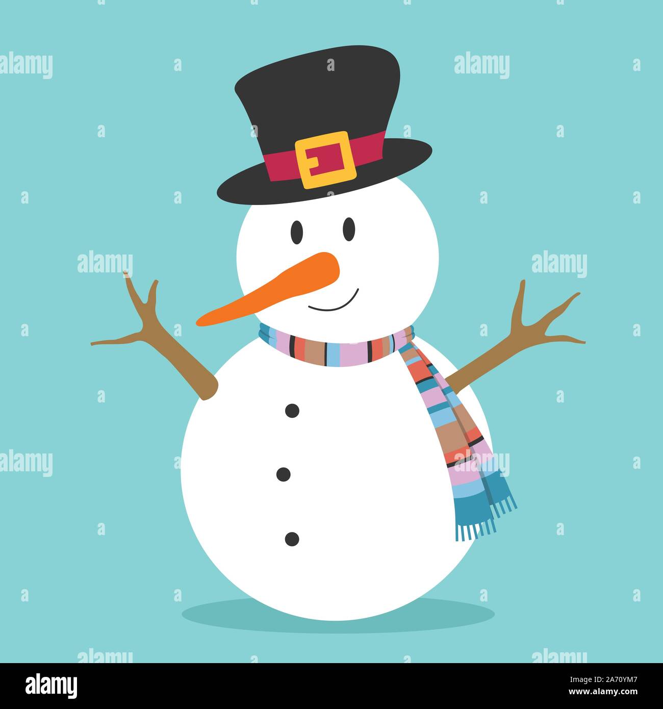 Natale decorativo pupazzo di neve con cappello, sciarpa, ramoscello bracci, carota naso, sulla luce elegante, minimalista moderno ed informale, vettore piana cartoon elemento di design. Illustrazione Vettoriale