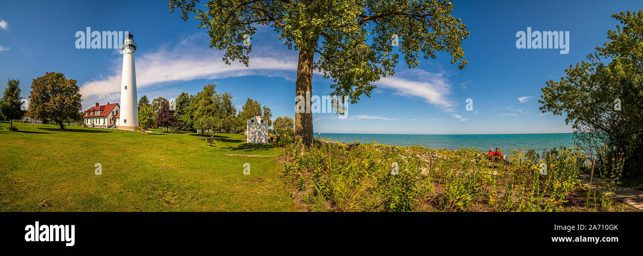 Bellissimo il vento Point Lighthouse, il lago Michigan, Racine, Wisconsin Foto Stock