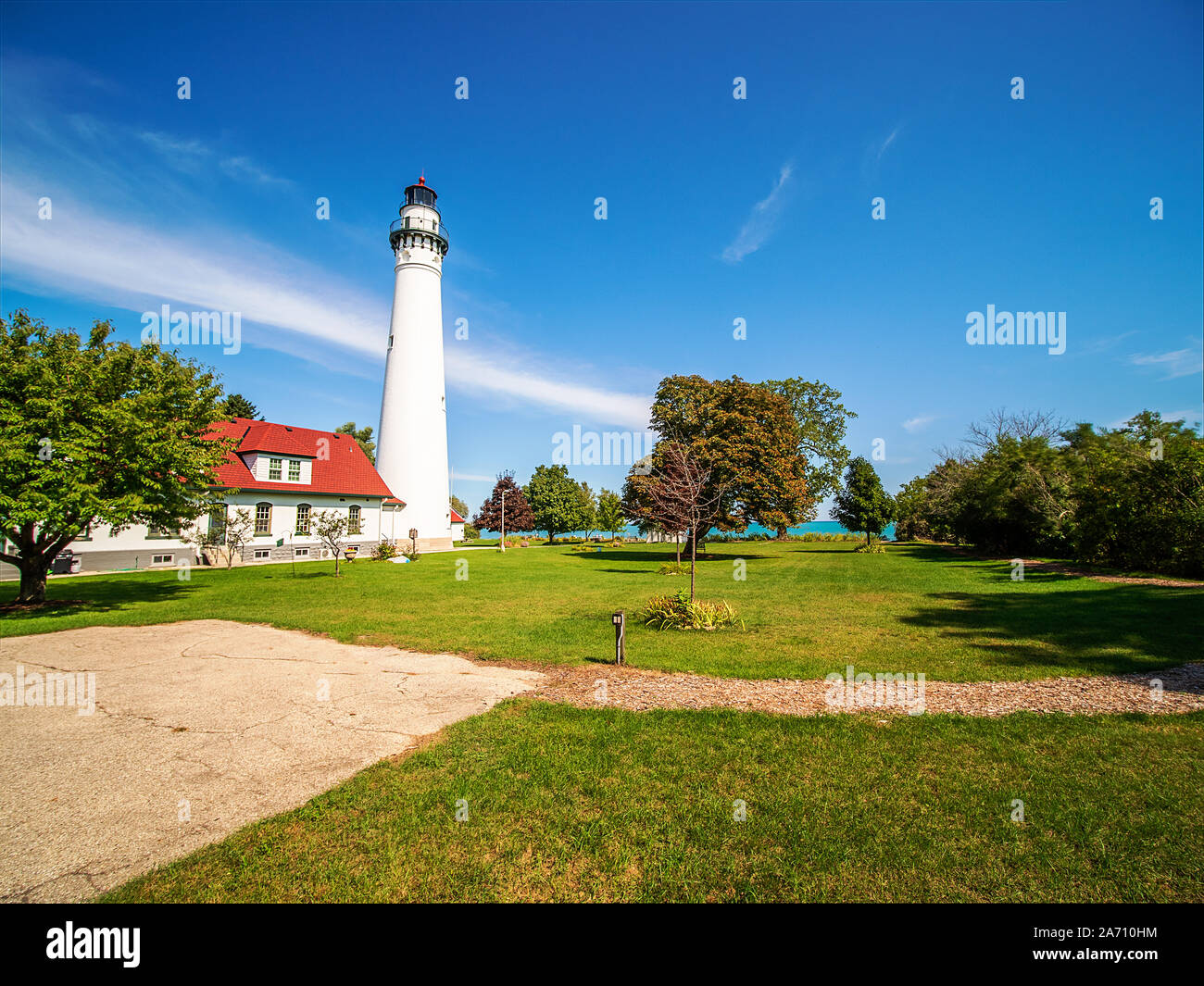 Bellissimo il vento Point Lighthouse, il lago Michigan, Racine, Wisconsin Foto Stock