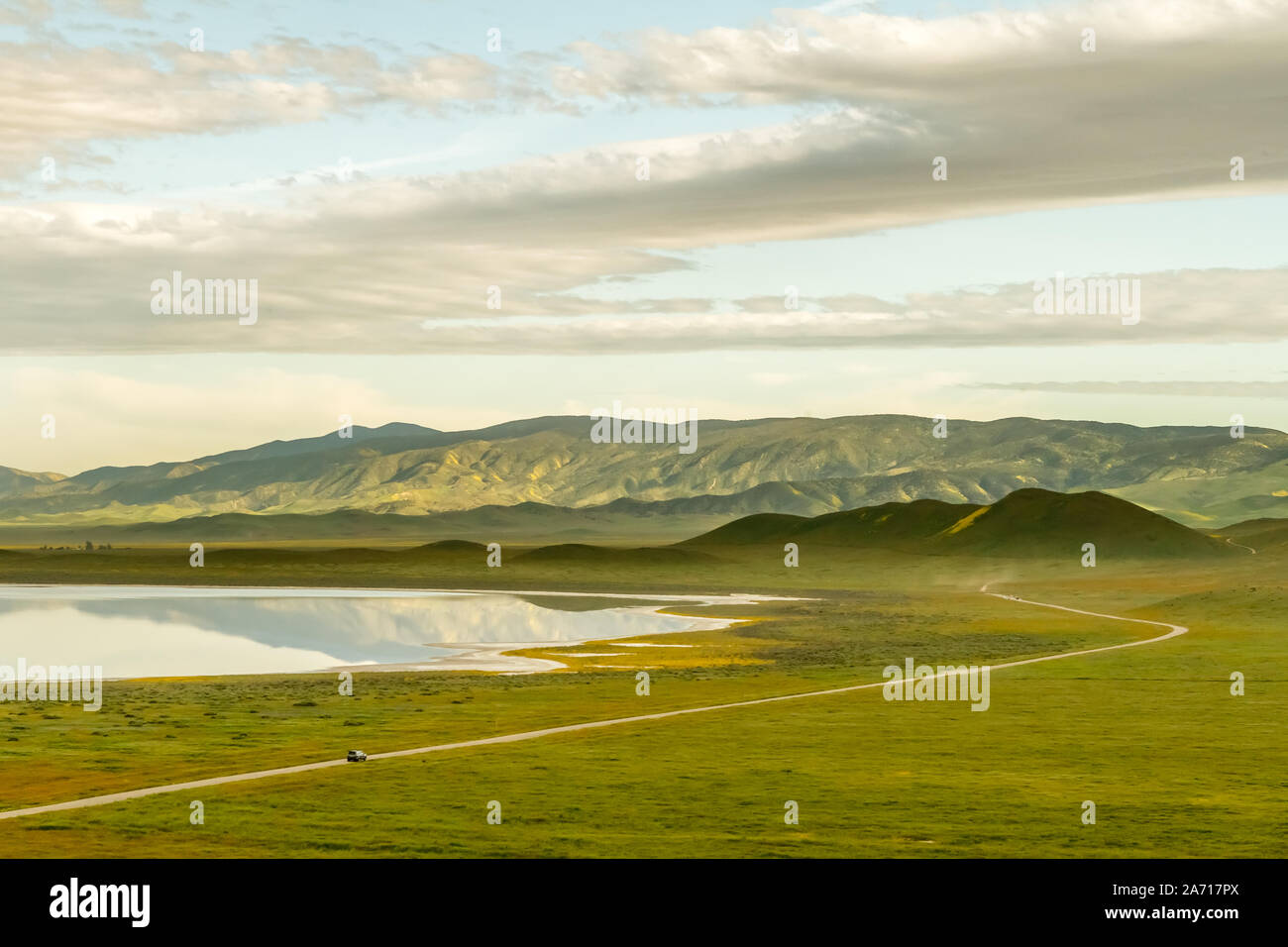 La strada attraverso il Paese delle Meraviglie - Lago di Soda strada conduce i visitatori attraverso Carrizo Plain. Carrizo Plain monumento nazionale, CALIFORNIA, STATI UNITI D'AMERICA Foto Stock