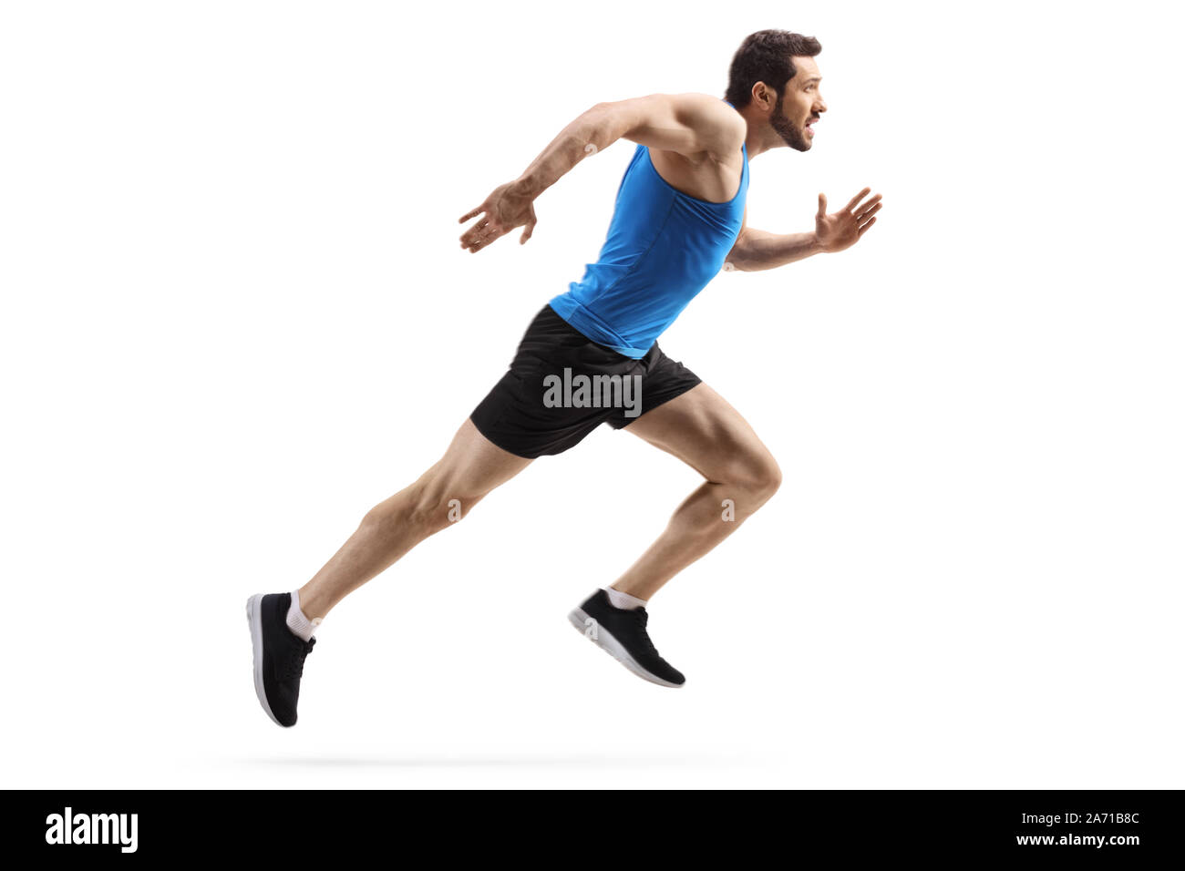 Completa il profilo di lunghezza shot di montare l'uomo comincia a correre veloce isolati su sfondo bianco Foto Stock