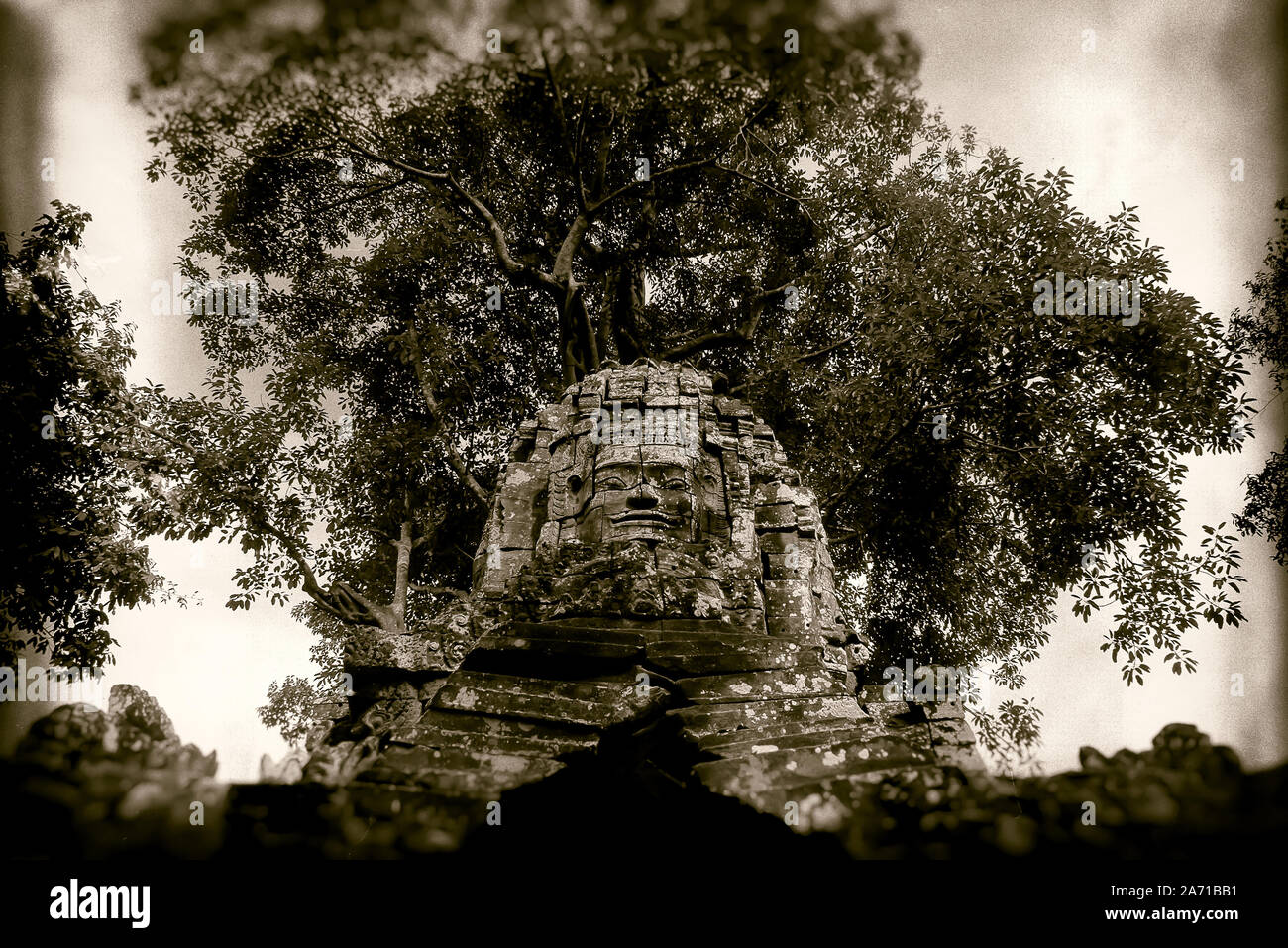 Cambogia Angkor, Ta Som jungle tempio: un volto scolpito in pietra sotto un albero in Ta Som jungle tempio di Angkor area archeologica. Foto Stock