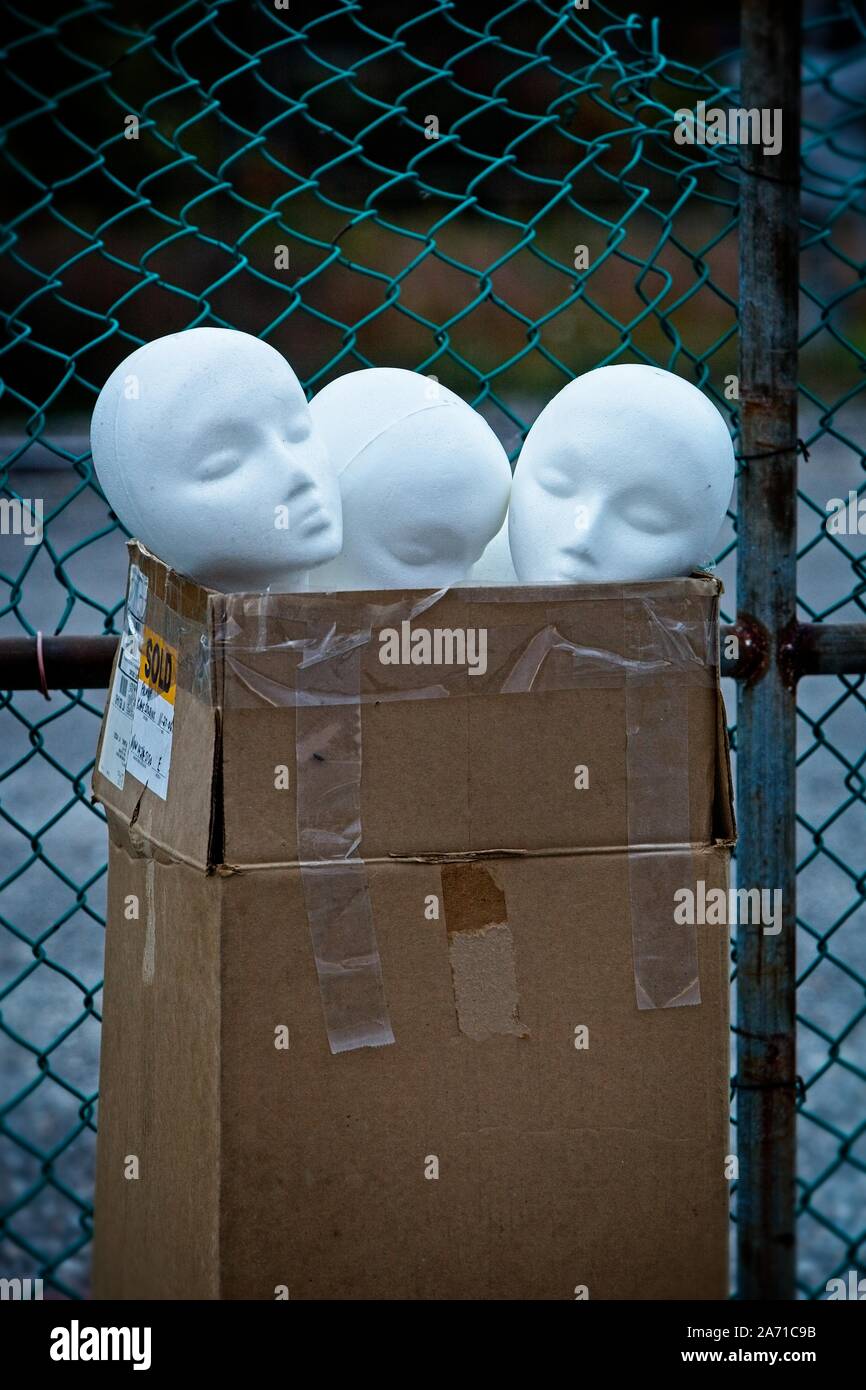 Abbandonare la testa di modelle in una scatola di cartone accanto a una catena di recinzione di collegamento Foto Stock