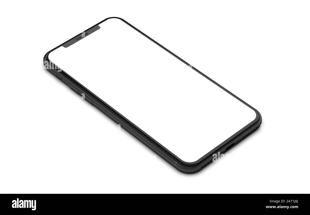 Smartphone in oro, argento e nero con schermo vuoto, isolati su sfondo bianco. Modello, mockup. Foto Stock