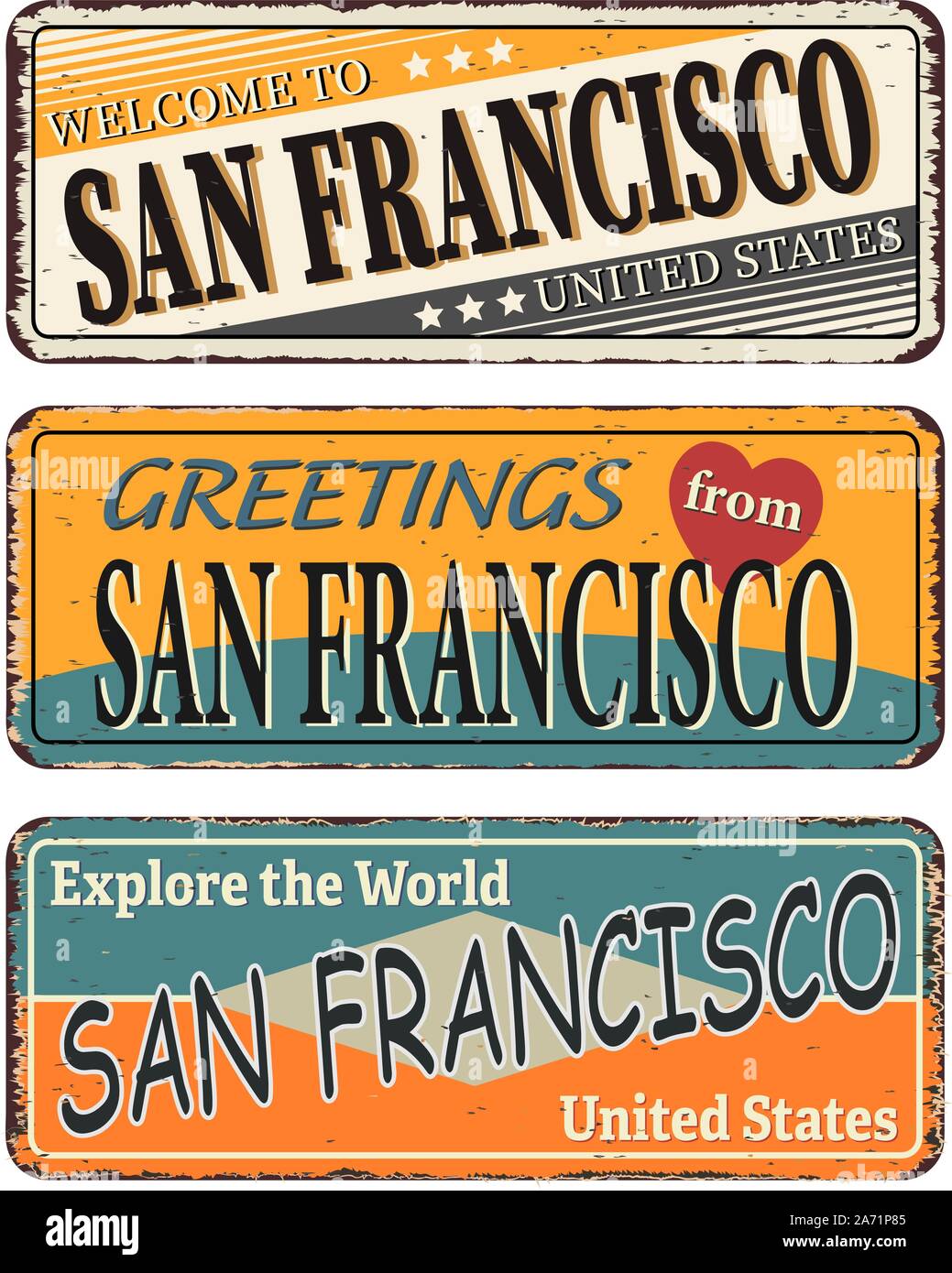 Touristic Retro Vintage saluto segno, sfondo tipografici Benvenuto a San Francisco , disegno vettoriale. Gli effetti di texture possono essere facilmente disattivati. Illustrazione Vettoriale