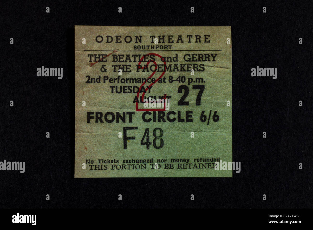 Replica cimeli legati ai Beatles: Teatro Odeon Southport biglietto concerto per i Beatles & Gerry & il pacemaker, 27 agosto 1963. Foto Stock