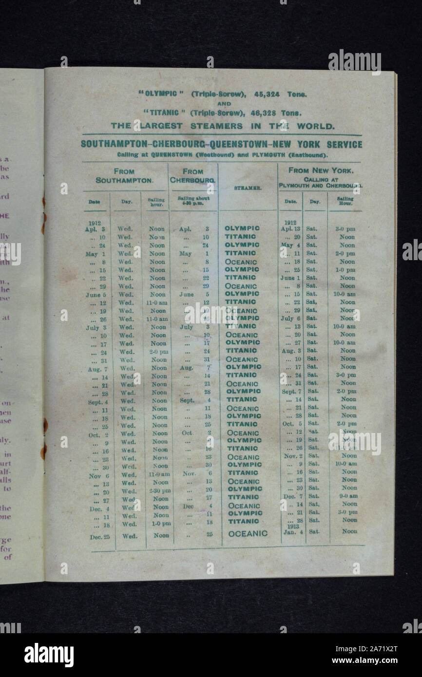 Replica cimeli legati al Titanic: Tutte le partenze di linea della Olympic & Titanic in 1a classe White Star Line brochure passeggero. Foto Stock
