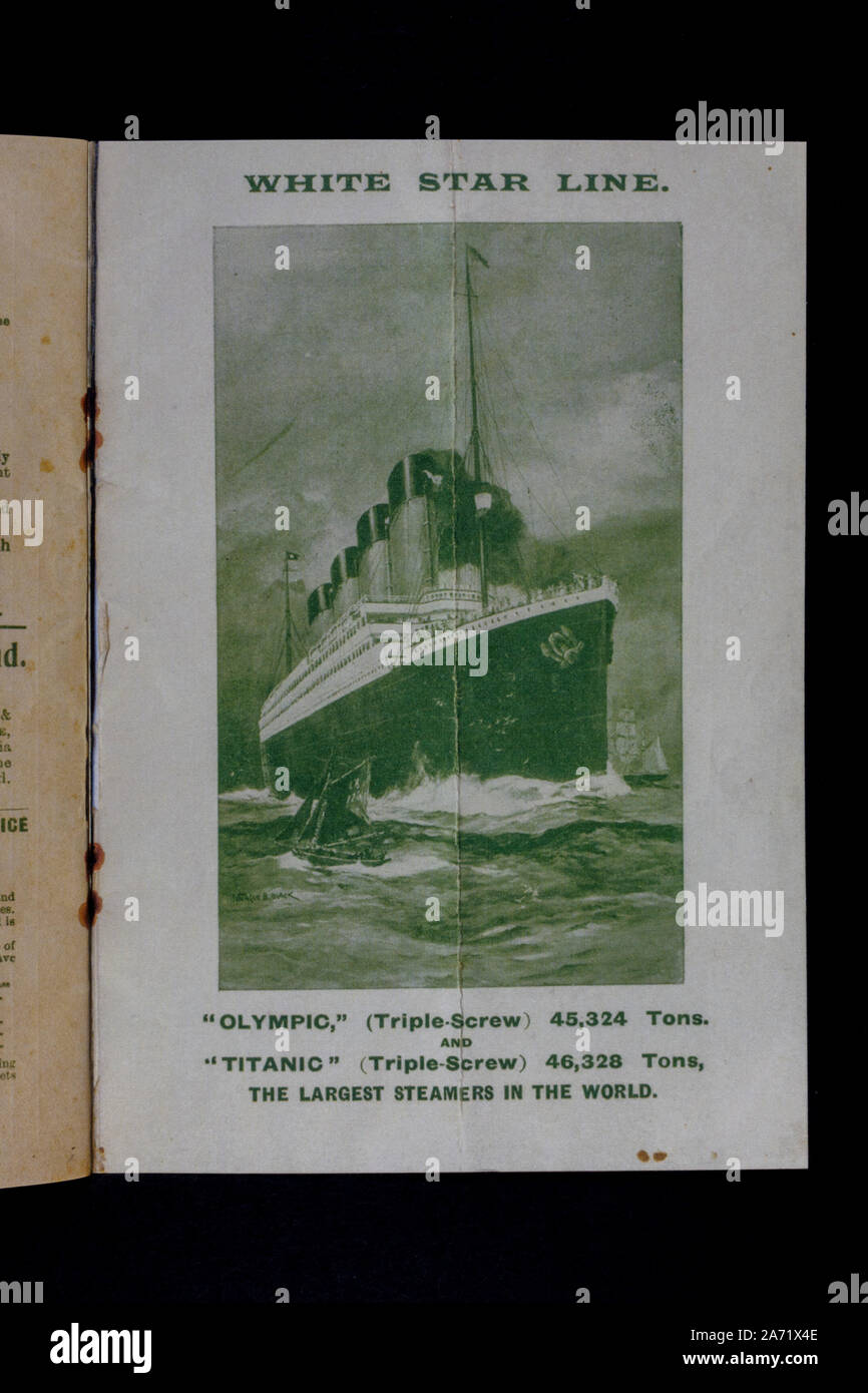 Replica cimeli legati al Titanic: Immagine annuncio per i Giochi olimpici e il Titanic piroscafi in 1a classe White Star Line brochure passeggero. Foto Stock
