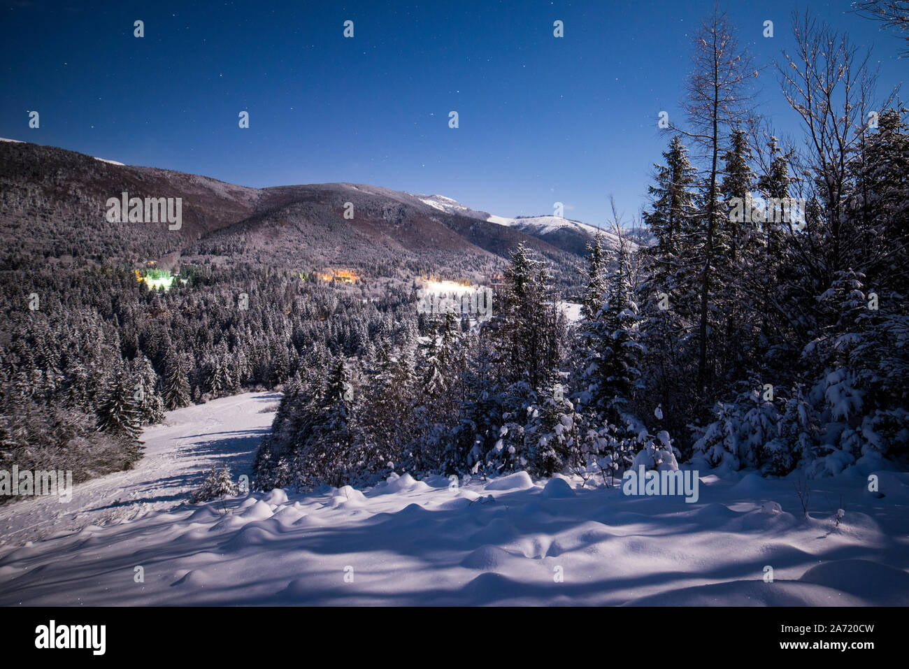 Notte stellata, tempo di Natale, invernale da favola in Slovacchia centrale, Europa Foto Stock