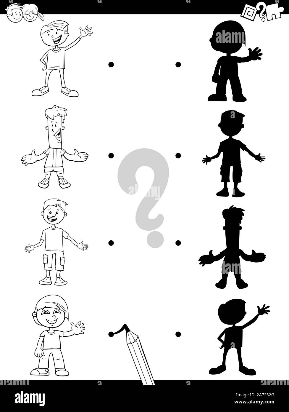 Bianco e Nero Cartoon illustrazione di corrispondere il giusto ombre con immagini gioco educativo per bambini con Happy Boys caratteri libro da colorare Illustrazione Vettoriale