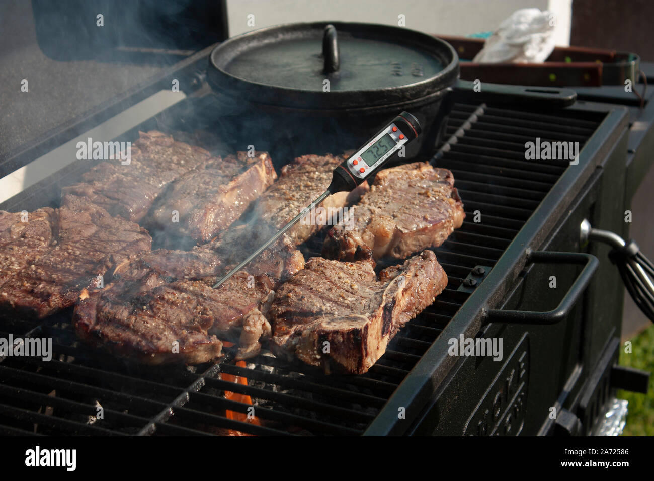 La cottura della carne alla griglia con specialità gourmet utensili con termometro a settantacinque punto cinque gradi Celsius Foto Stock