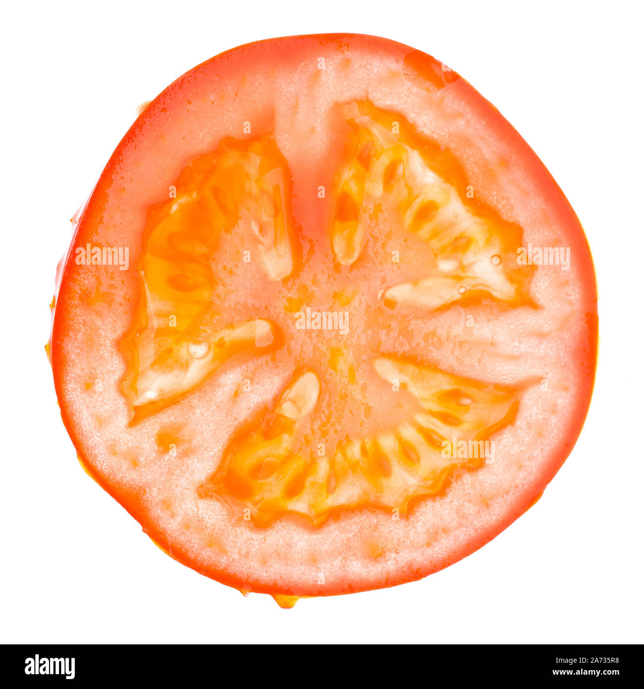 Singola fetta di pomodoro isolato su sfondo bianco Foto Stock