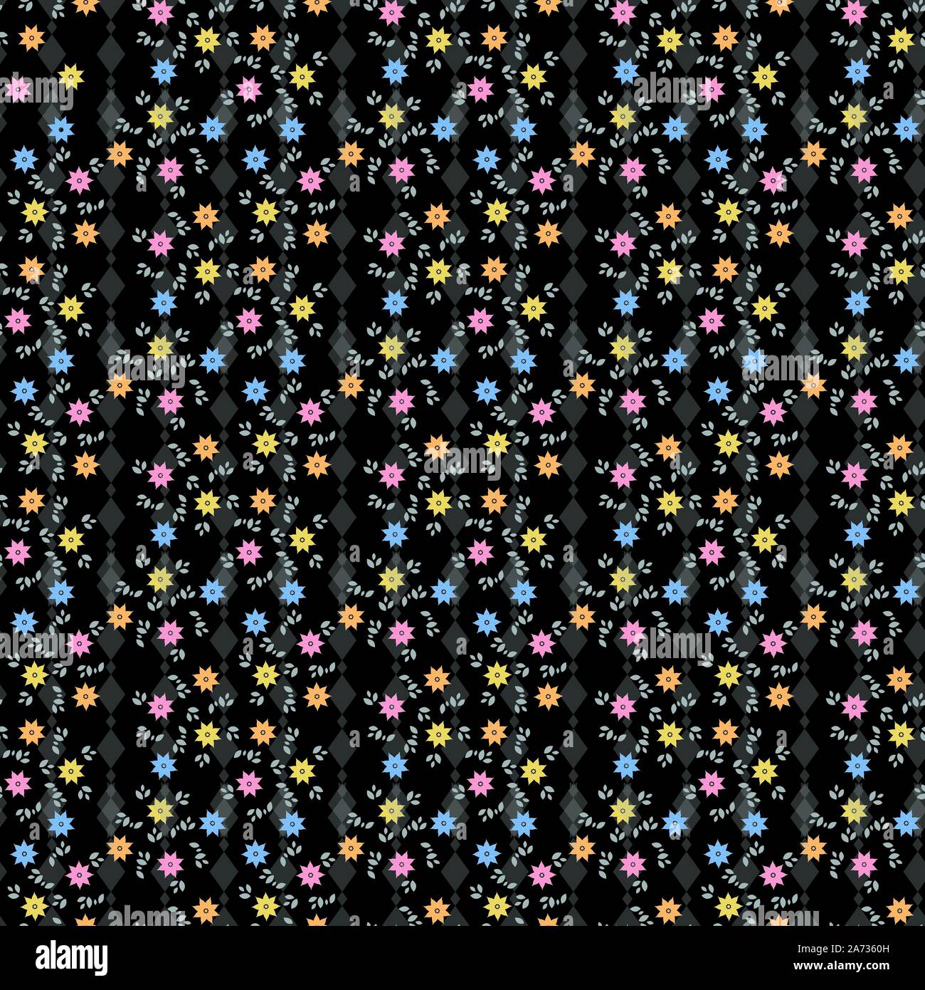 Modello di cute in piccolo fiore. Piccoli fiori colorati su sfondo nero. eps10 Illustrazione Vettoriale