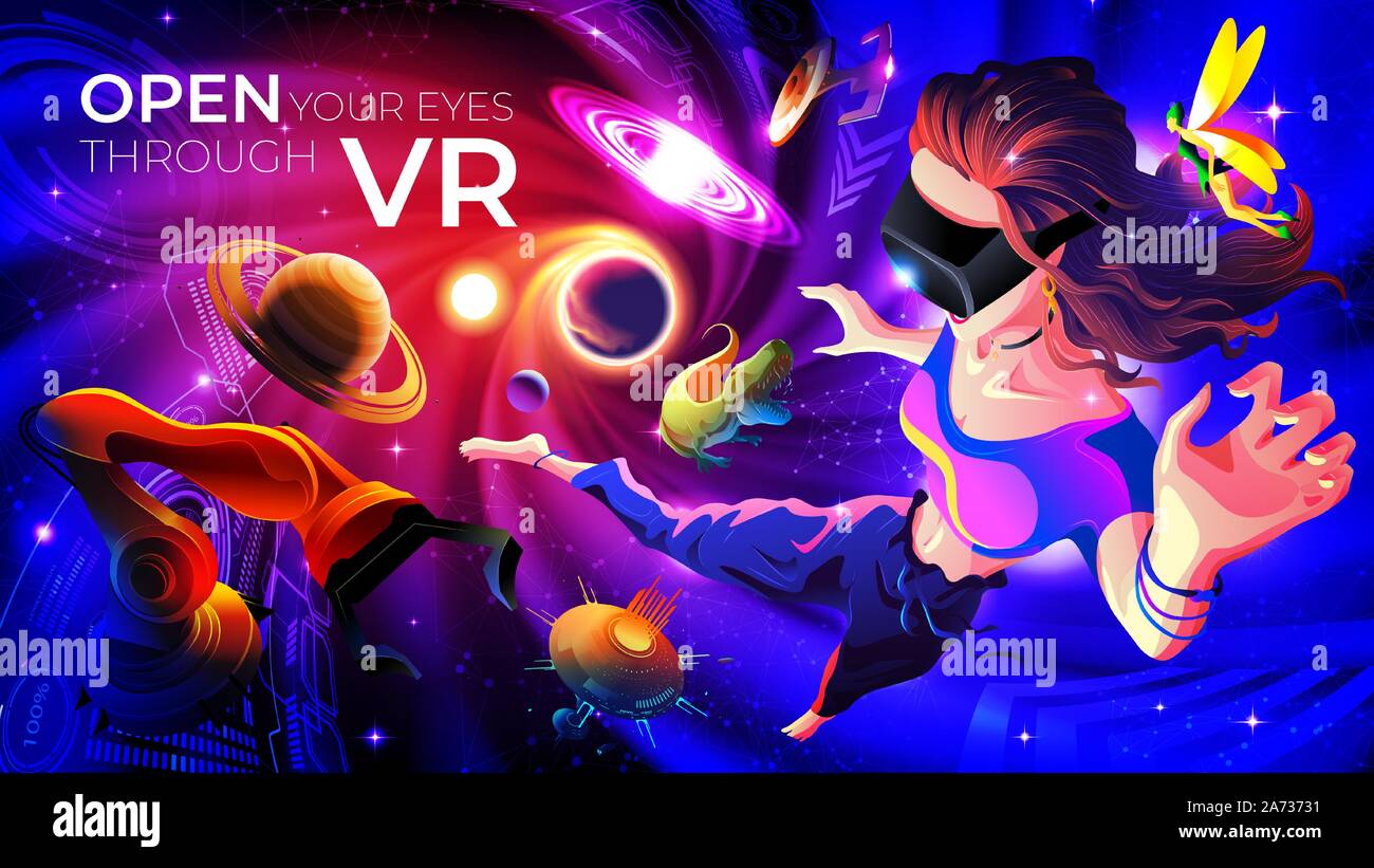 Un immaginario illustrazione di una donna che indossa gli occhiali VR e vivere esperienze emozionanti nel mondo virtuale. Illustrazione Vettoriale