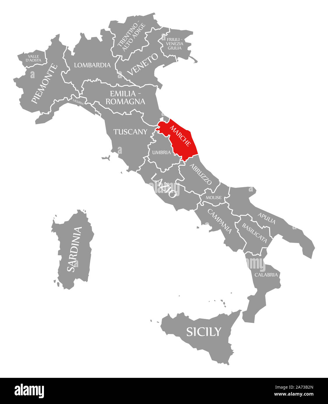 Marche evidenziata in rosso nella mappa di Italia Foto Stock