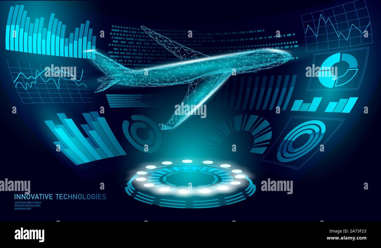 Volo aereo HUD analisi sullo schermo. Volo fino turismo viaggio concetto simbolo velocità di simbolo di viaggio. La tecnologia di trasporto modello di pagina di intestazione. Bassa poli Illustrazione Vettoriale
