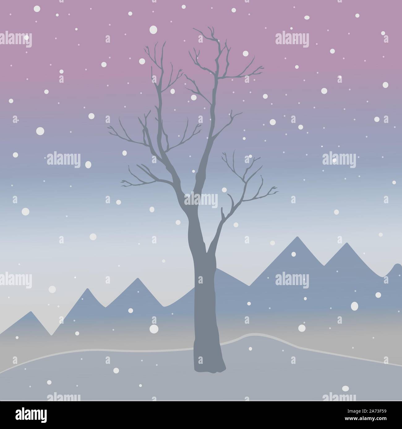 Albero di inverno con pochi acini e uccelli rossi in una fredda guardando lo sfondo con montagne e dark sky nevoso. Stagione la natura. Innevato paesaggio naturale. Vec Illustrazione Vettoriale