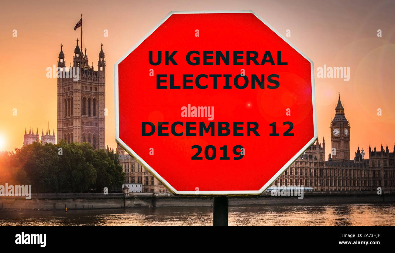 Regno Unito le elezioni generali per dicembre 12, 2019 messaggio con la Casa del Parlamento, il London in background. Foto Stock