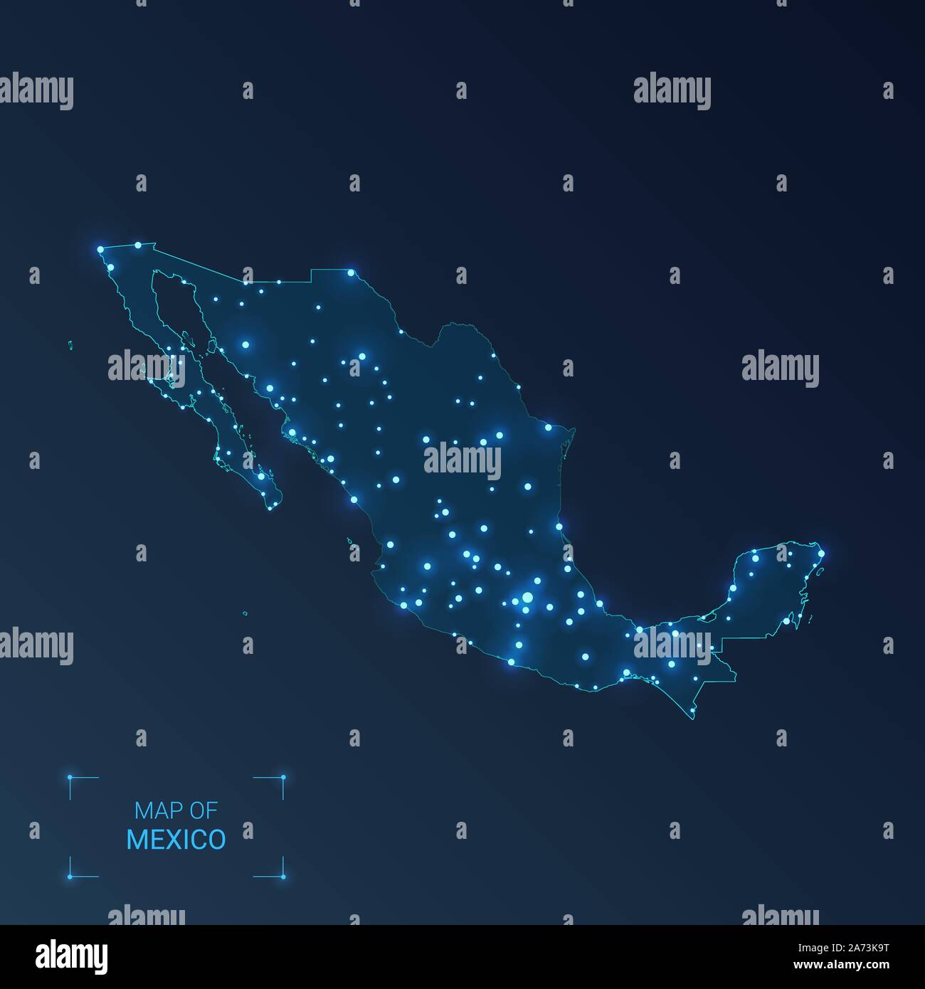 Messico mappa di città. Punti luminosi - luci al neon su sfondo scuro. Illustrazione Vettoriale. Illustrazione Vettoriale