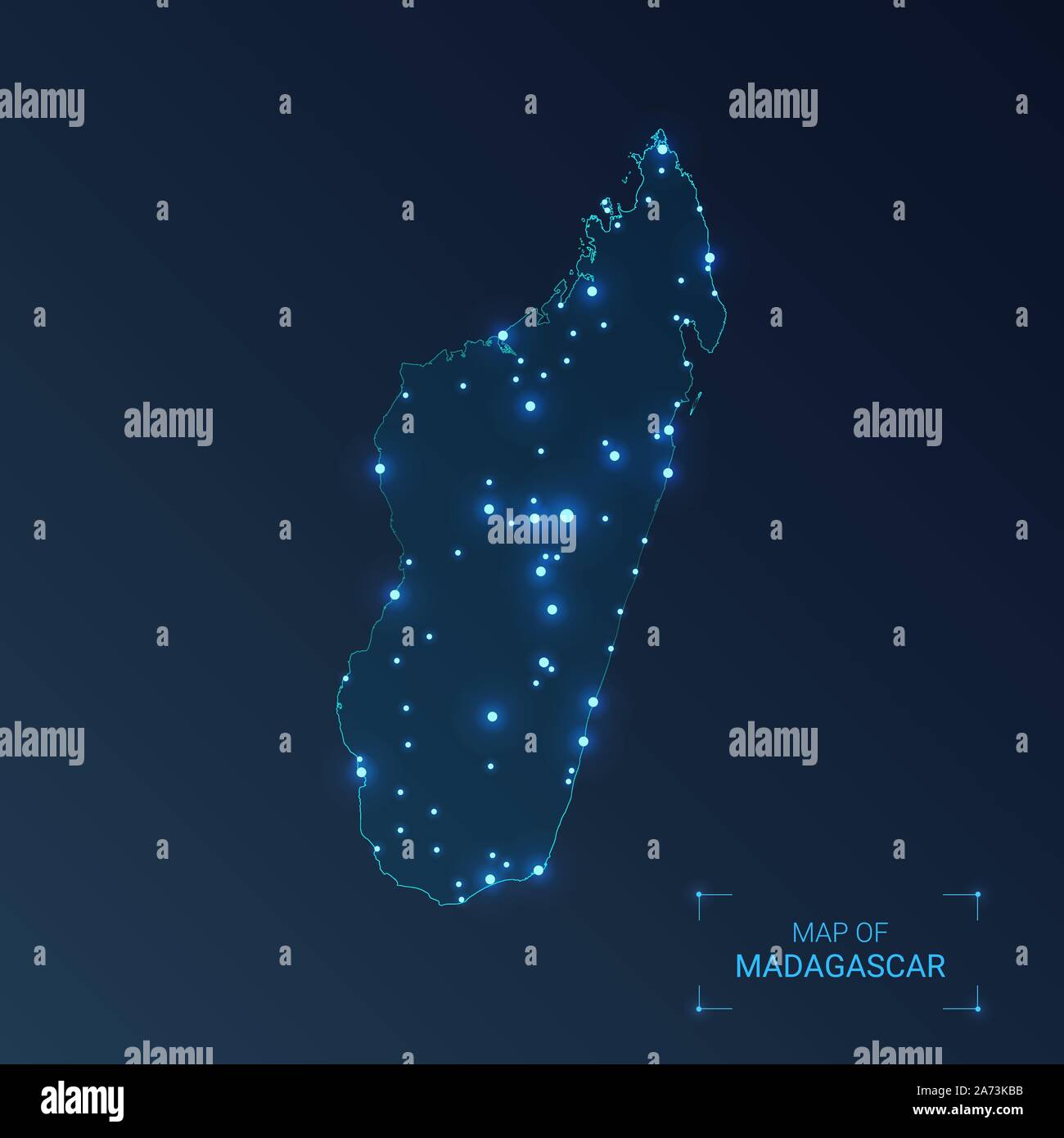 Madagascar mappa di città. Punti luminosi - luci al neon su sfondo scuro. Illustrazione Vettoriale. Illustrazione Vettoriale