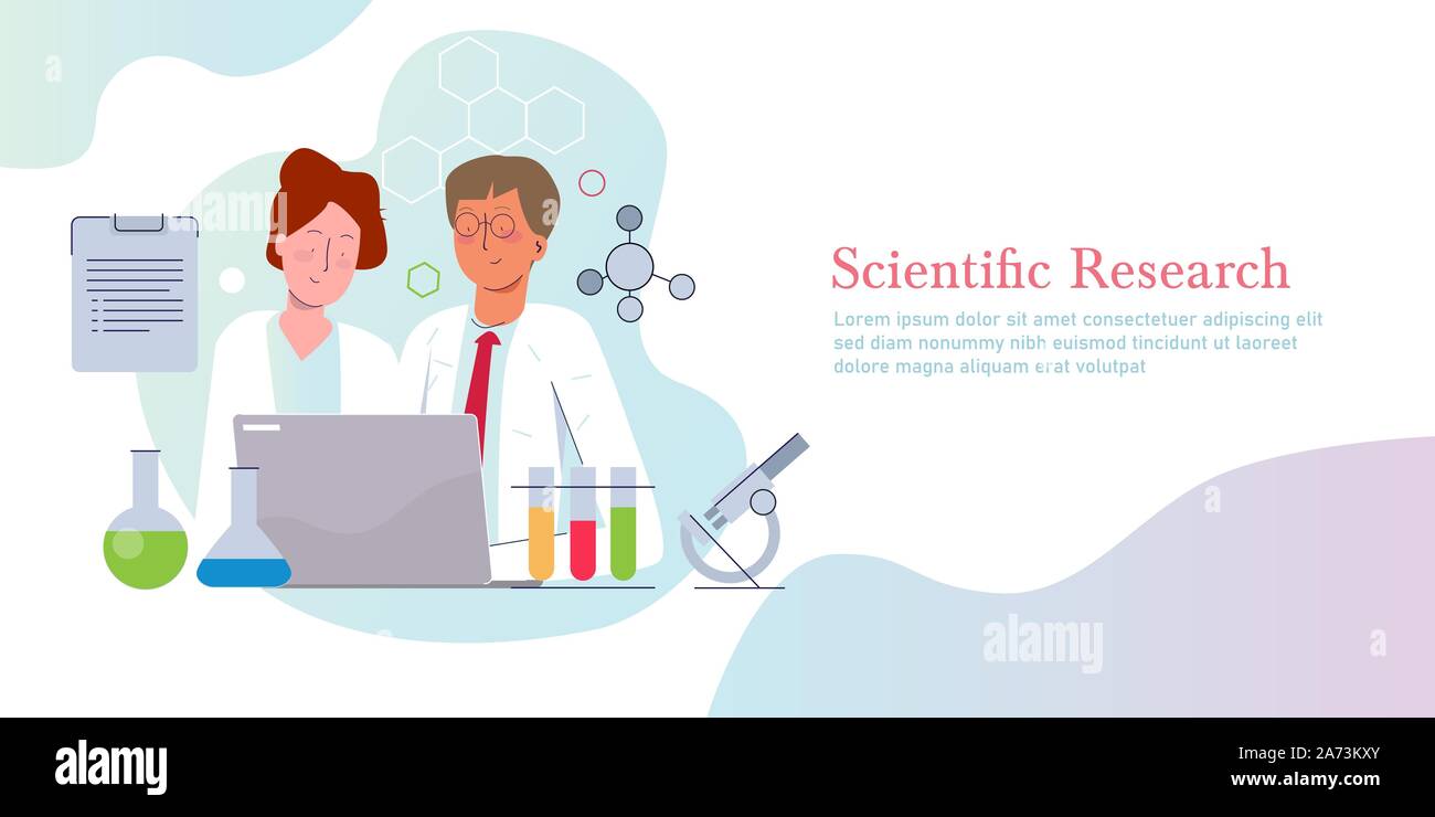 La ricerca scientifica. Concetto di scienza scoperta nel laboratorio di illustrazione vettoriale piana di gradiente Illustrazione Vettoriale